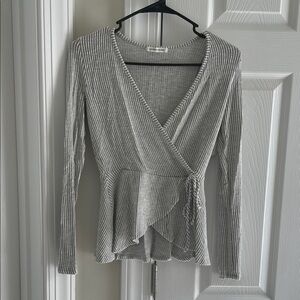 Caution To The Wind Gray Pinstripe Wrap Top